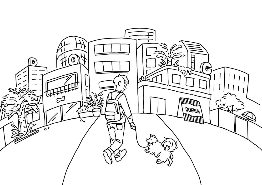 ドッグランやペットショップのある街を、愛犬と散歩する人のイラスト